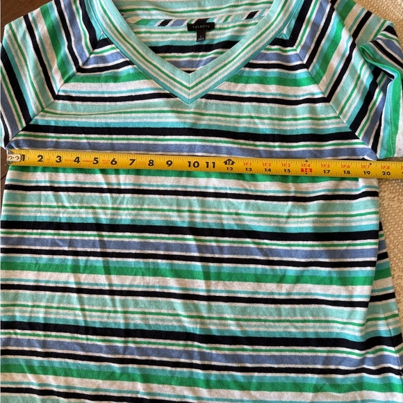 EUC Talbots Striped V-Neck Linen Blend Top SZ L Blue Green and White - Picture 5 of 7